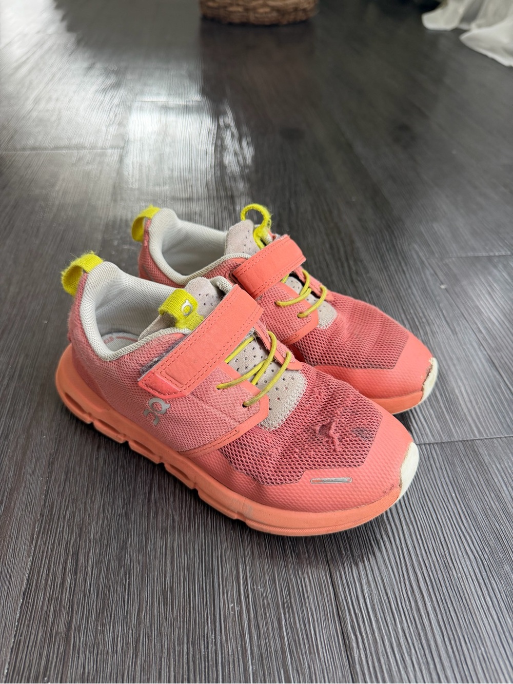 On Running Coral and Yellow Kids Sneakers